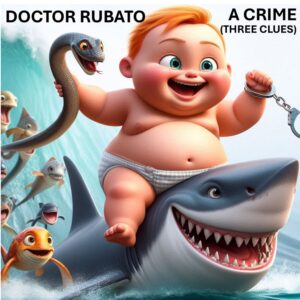Cover art for musical single "A Crime (Three Clues)" by Doctor Rubato. A fat baby excitedly leading the charge, riding on the back of a grinning shark, with a pair of handcuffs hanging from his left wrist and a snake in his right hand, followed by an army of sea creatures, all riding on a huge wave.