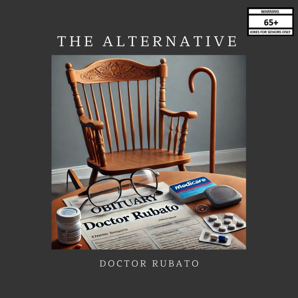 Cover art for the single "The Alternative" by Doctor Rubato. Content warning label on top right that says "WARNING: 65+: Joke for seniors only". A table next to an empty rocking chair, with a cane leaning against the table. On the table in a random pile is a pair of reading glasses, a Medicare card, hearing aids, an assortment of pills, and a newspaper obituary for Doctor Rubato.
