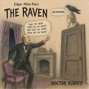 Scene from Edgar Allan Poe's poem The Raven, as conceived by Doctor Rubato. The protagonist, who looks vaguely like Doctor Rubato and is wearing a rumpled black suit from Poe's era, is leaning on his chair with purple cushions and shrieking, "Take thy beak form out my heart and take they form from off my door." He is looking at the raven, which is perched on a bust of Pallas Athena above his chamber door, and the raven is responding 'Nevermore". In the background is an open window with purple curtains, and a fireplace with the dying embers of a recent fire. On the fireplace are several books and a vial.
